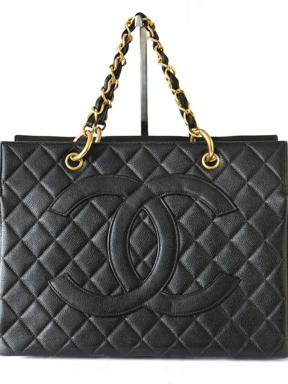 CHANEL Black Quilted Leather Tote with Gold Chain
